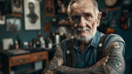 Obraz premium Portrait of a old man tattoo artist at studio tattoo