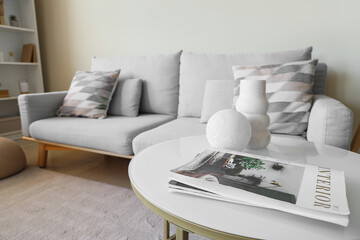Stylish interior of light living room with cozy couch, coffee table and magazine