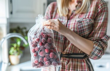 woman holding a bag of frozen berries, in the background the interior of a modern kitchen