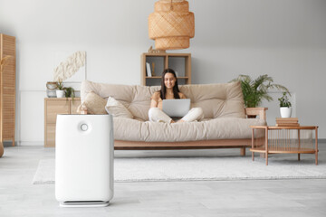 Modern humidifier and young woman sitting on sofa in beautiful living room, closeup