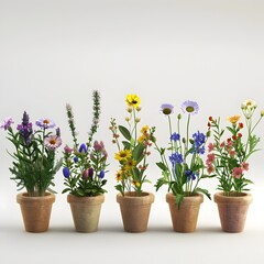 Small Flower Pot Set with Mixed Wildflowers  D Rendered Isolated Set against White Background