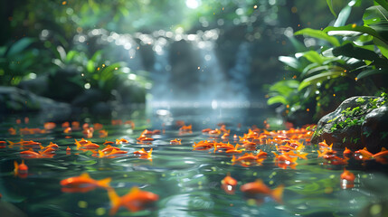 A vibrant nature lagoon landscape with exotic birds and colorful fish in the water