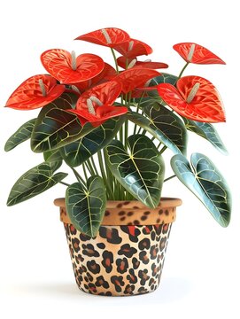 of Flower Pot with Animal Print and Red Anthuriums