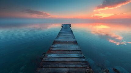 A vibrant nature lake landscape with a wooden pier extending into the water, the calm surface reflecting the sky