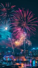 Obraz premium Vibrant fireworks show over the city, fairy wand, salute, wedding, national day, glow, festive, holiday celebration background image, New Year, Christmas, 4k HD wallpaper, background, generated by AI