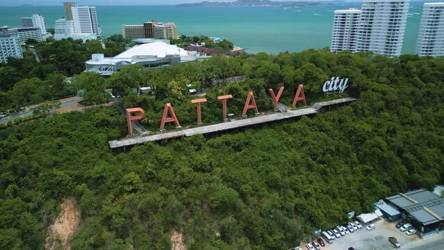 Aerial orbit shot of Pattaya sign in Pattaya, Thailand