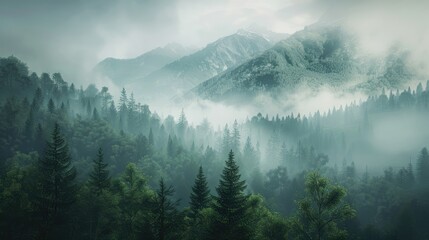 Obraz premium Foggy Mountain Morning View