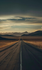 An empty road leading towards the horizon under a warm sunset in a vast desert.   Generate AI