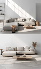 Elegant minimalist interior of a living room with neutral tones. Generate AI