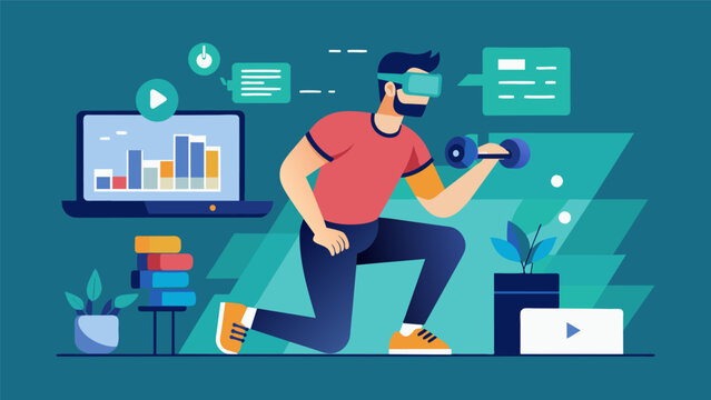 A man using VR technology to track his daily fitness goals and progress while working remotely.. Vector illustration
