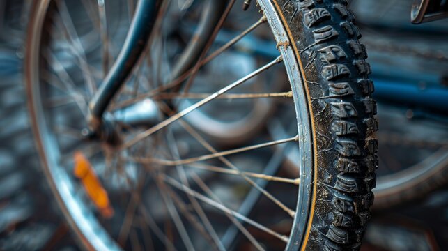 Bicycle wheel close-up on display, featuring a large, blank space for text, perfect for product advertisements in a store