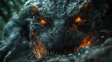 Close shot of a monstrous creature with glowing eyes, jagged teeth, and scaly skin, set against a dark, ominous forest background