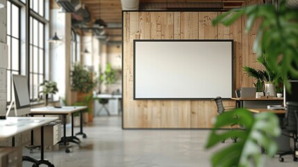 Close shot of a white board with ample blank space for text, perfect for product advertisement, in a minimalist office setting