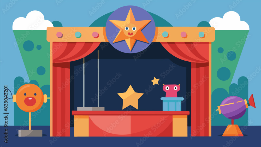 Poster with a simple stage and handmade props the childrens puppet show focuses on creativity and imaginati