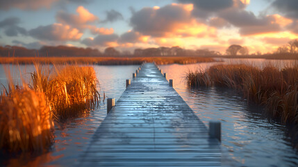 Fototapeta premium A vibrant nature marsh landscape with a wooden boardwalk extending over the water, the calm surface reflecting the sky
