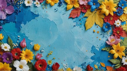 Colorful Flower Arrangement on Blue Background