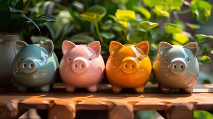 Obraz premium Close-up alignment of four ceramic piggy banks in varied colors on a wooden table, framed by the natural greenery of background plants