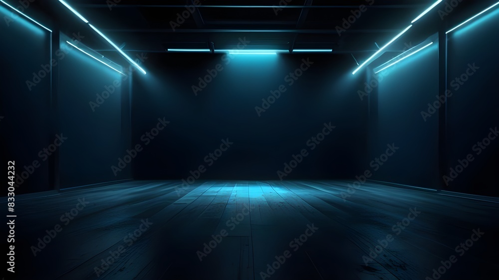 Poster empty dark abstract dark blue background, rays of neon light in the dark, spotlights and and studio 