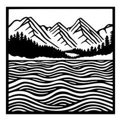 Black and white illustration of mountain and lake