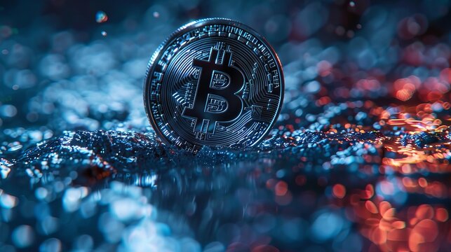 Close-up of a silver bitcoin coin, illuminated by futuristic holograms, depicting the next generation of secure digital currency