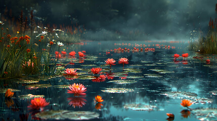 A vibrant nature marsh with lily pads and blooming flowers, the water teeming with life