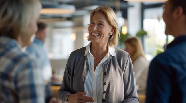 a happy middle-aged woman wearing casual business attire, talking to two other colleagues at an office meeting room. her facial expressions showing friendliness and confidence. generative AI