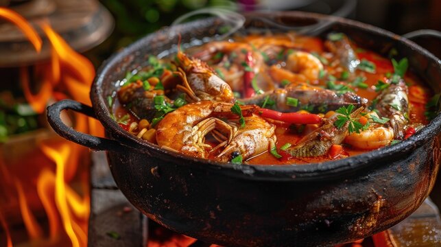 Moqueca fish and shrimp, a traditional dish of Brazilian cuisine. Stewed fish with shrimps, cooked in a delicious rich and aromatic broth. On a dark background.