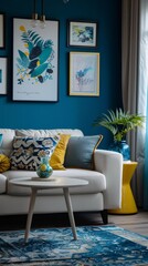 Fototapeta premium Interior Design of Living Room with Blue and Yellow Color Theme