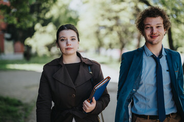 A young woman and man, dressed in business attire, walk through a park, holding documents and...