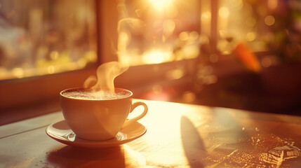 Fototapeta premium A steaming cup of coffee sits on a table, captured in an aesthetic and cozy setting with sunlight streaming through a window, creating a warm ambiance. 