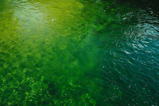 green river water caused by microalgae growth. microorganisms in a pond in summer give the water a green color. The surface of green water. Tropical green water textures.


