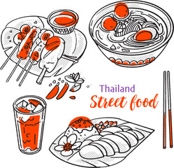 Hand-drawn vector illustration depicting delicious street food from Thailand. Thai yummy street food vector illustration. The style is simple line art with one modern color.