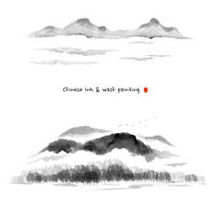 Hand-drawn Chinese ink wash painting of nature landscape. Forest, clouds and mist and mountains.