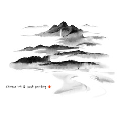 Hand-drawn Chinese ink wash painting of nature landscape. Waterfall, clouds and mist and mountains.