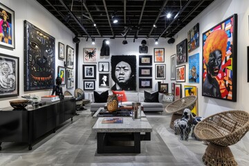 A chic art gallery with monochrome decor and vibrant, eye-catching art pieces