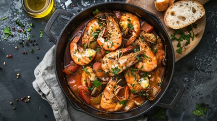 Moqueca fish and shrimp, a traditional dish of Brazilian cuisine. Stewed fish with shrimps, cooked in a delicious rich and aromatic broth. On a dark background.
