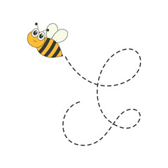 Bee Character Flying on a Dotted Path in Cartoon Design Style. Isolated on White Background