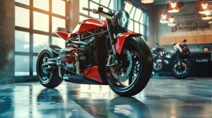 Obraz premium Conceptual design speed motorbike displayed in showroom or garage with diagram infographics on turbo or electric engine as wide banners with copy space.