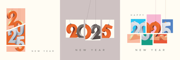 2025 new year square template with modern art hanging number background. Happy new year 2025