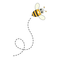 Bee Character Flying on a Dotted Path in Cartoon Design Style. Isolated on White Background