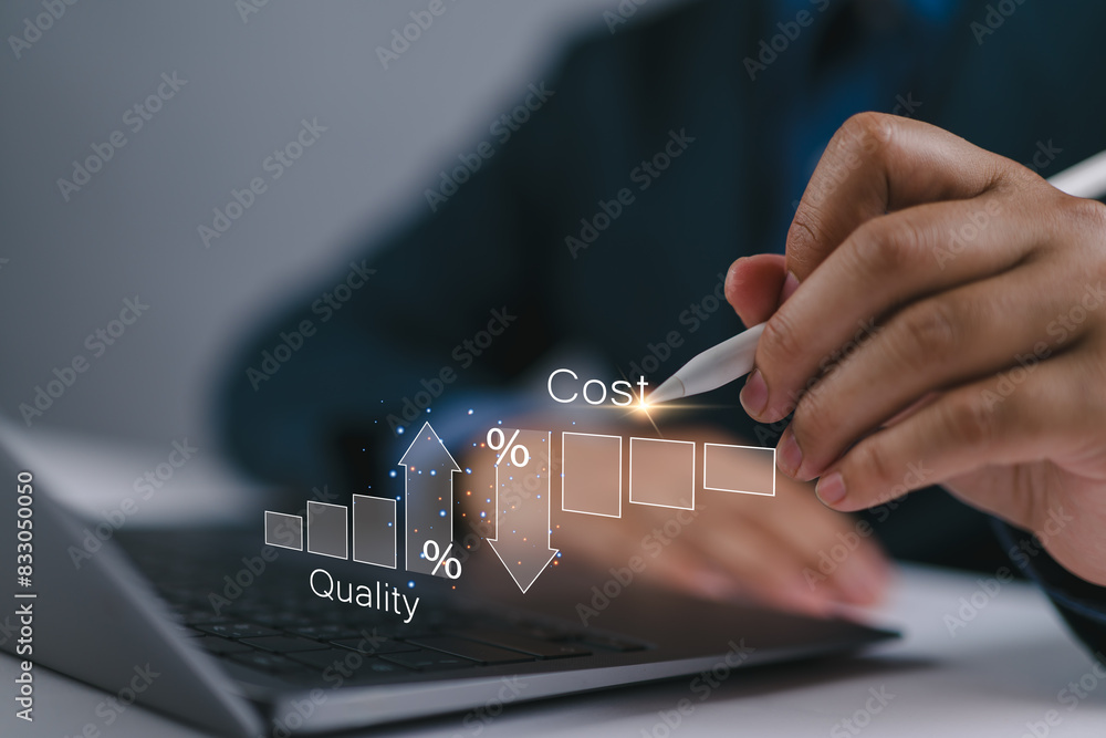 Poster cost and quality control concept. quality control and company cost reduction. successful organizatio