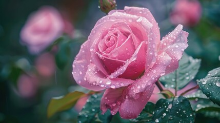 The pink rose in the garden appears even more stunning after being kissed by a rain shower, creating a captivating image with plenty of copy space.
