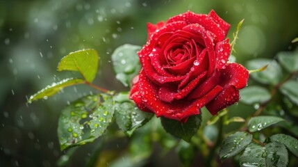 The red rose in the garden appears even more stunning after being kissed by a rain shower, creating a captivating image with plenty of copy space.