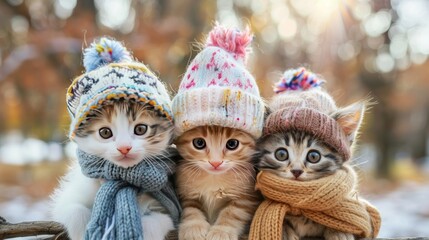 Fototapeta premium Three small kittens wearing knitted hats and scarves.