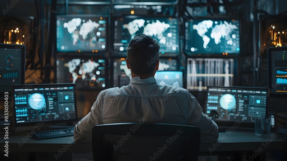Poster cybersecurity expert monitoring advanced digital security system with multiple high tech displays in