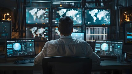 Cybersecurity Expert Monitoring Advanced Digital Security System with Multiple High Tech Displays in Futuristic Control Room