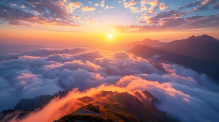 Fototapeta premium Mesmerizing Mountain Sunrise Painting the Sky with Vibrant Colors and Illuminating a Sea of Clouds