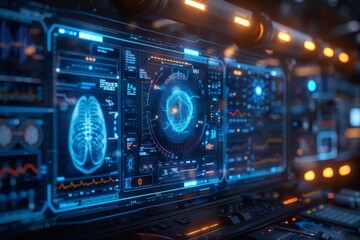 Futuristic medical technology interface displaying advanced data analysis and health diagnostics on digital screens in a high-tech environment.