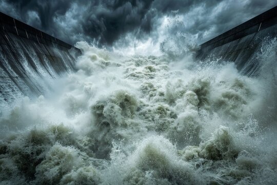 A dramatic shot of water gushing from a hydroelectric dam's spillway, capturing the raw power of nature harnessed for energy