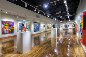 A gallery with modern art pieces displayed on movable partitions, allowing for flexible layouts